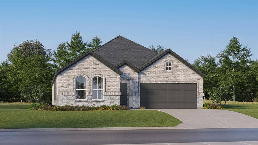Contemporary stone and brick exterior featuring a dark gray garage door, arched windows, and a dark shingle roof