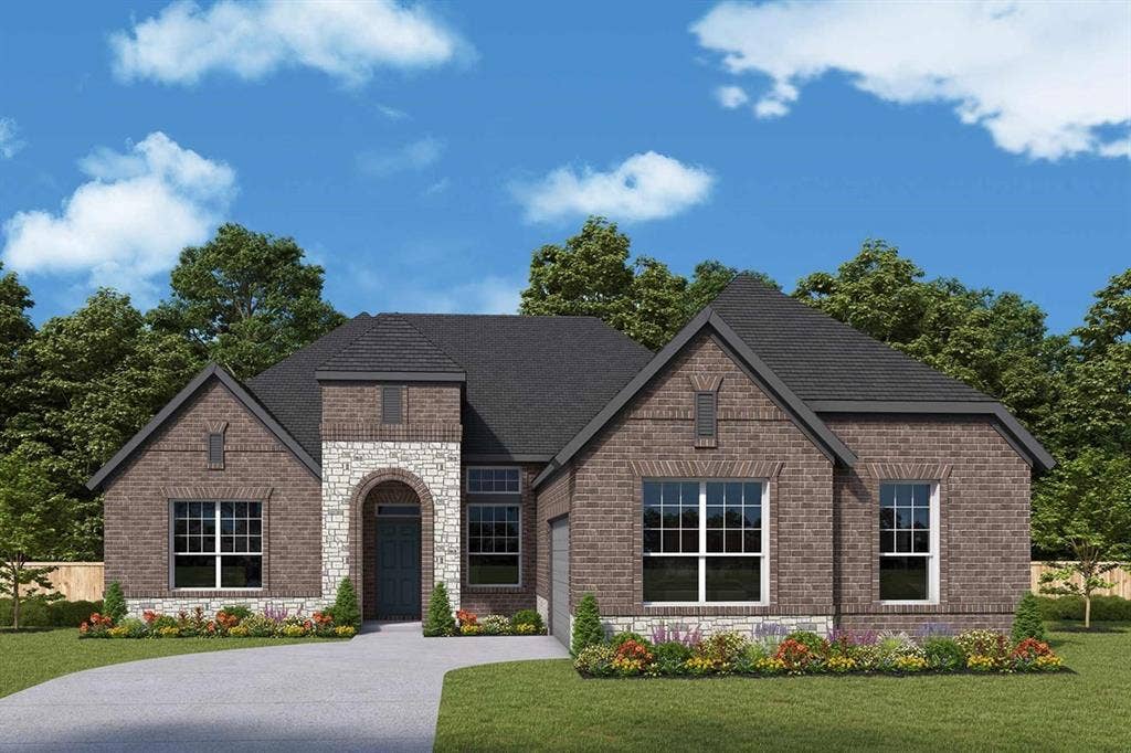 1926 Lowland Drive, Rockwall, TX 75087 Traditional-style exterior featuring a dark brick facade, light stone accents, and a dark shingle roof