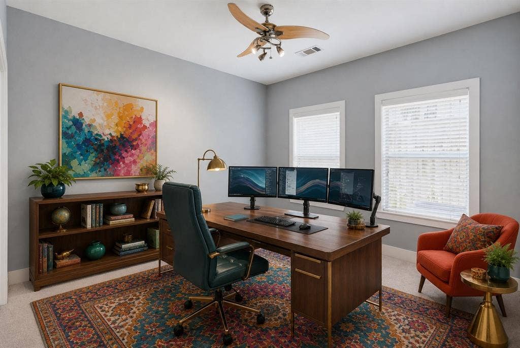 4830 Cedar Springs Road, #30, Dallas, TX 75219 Room featuring two windows with blinds, a ceiling fan with integrated lighting, and a built-in bookshelf