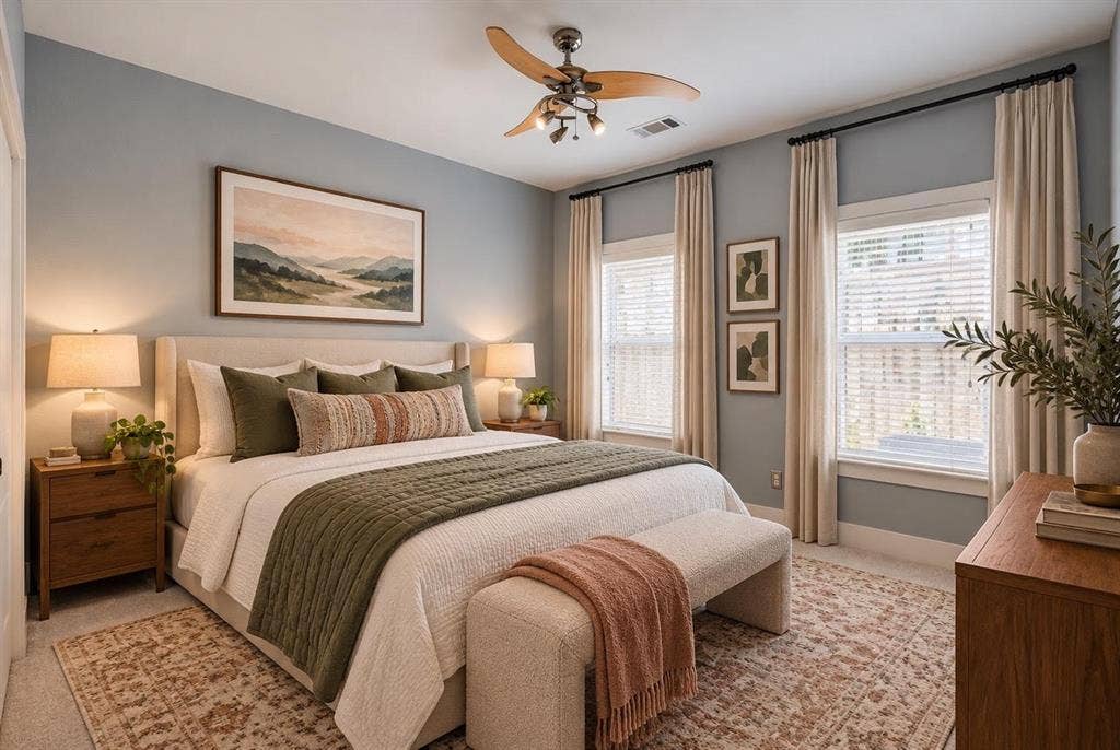 4830 Cedar Springs Road, #30, Dallas, TX 75219 Recessed lighting, ceiling fan with light fixture, two windows with blinds, and light gray wall paint