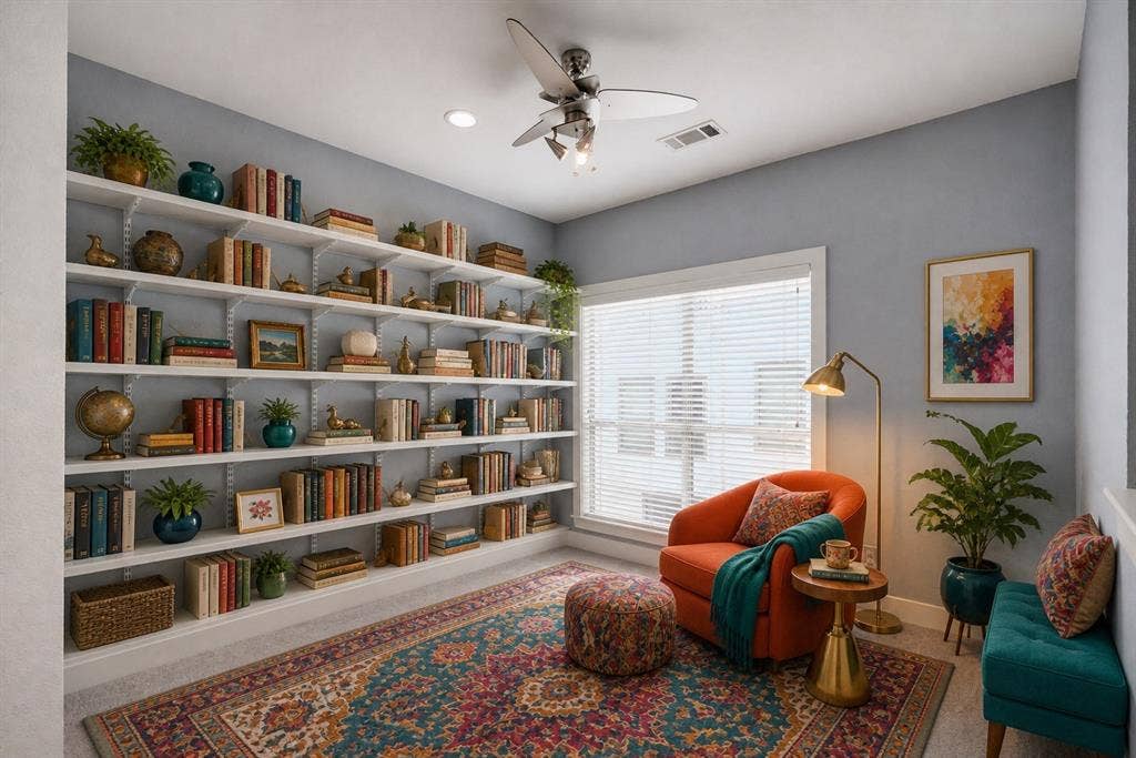 4830 Cedar Springs Road, #30, Dallas, TX 75219 Full-height built-in shelving, white window blinds, recessed lighting, and a ceiling fan with integrated lighting