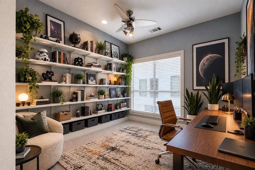 4830 Cedar Springs Road, #30, Dallas, TX 75219 Built-in shelving system, recessed lighting, ceiling fan, wood-finish desktop, and large window with blinds