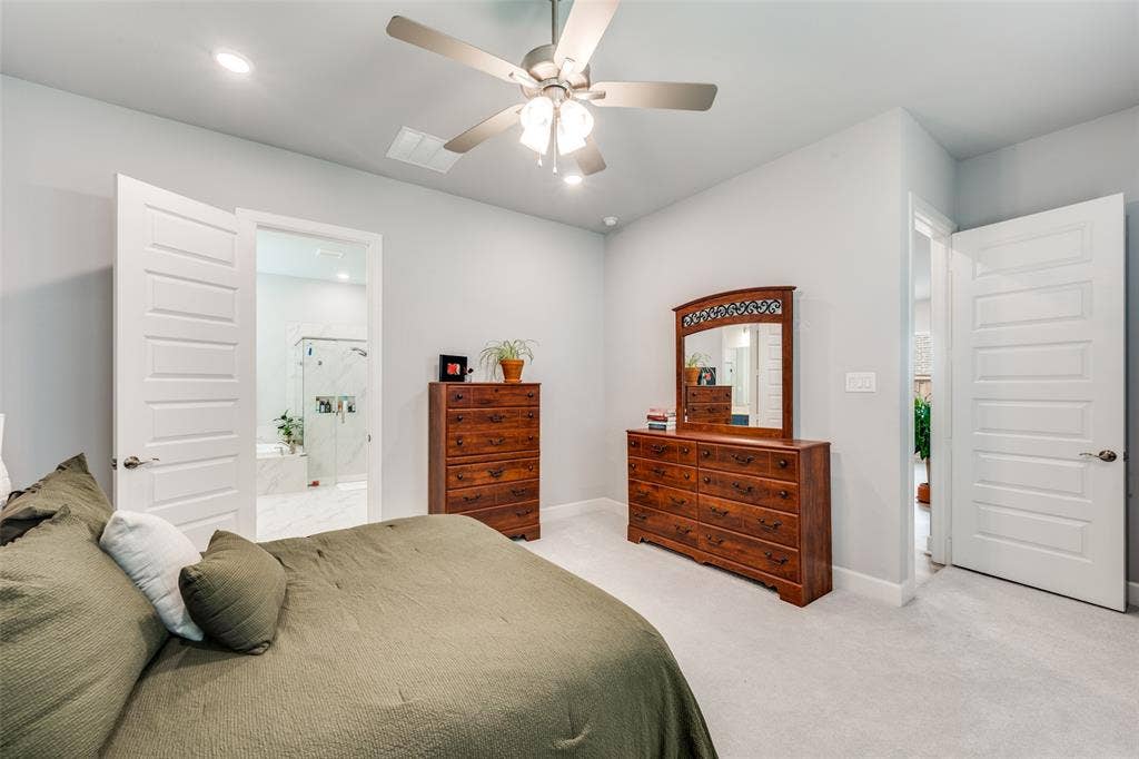 2703 Trinity Ridge Street, Mansfield, TX 76063 Bedroom featuring soft gray wall paint, recessed lighting, a ceiling fan, and light-toned carpet flooring