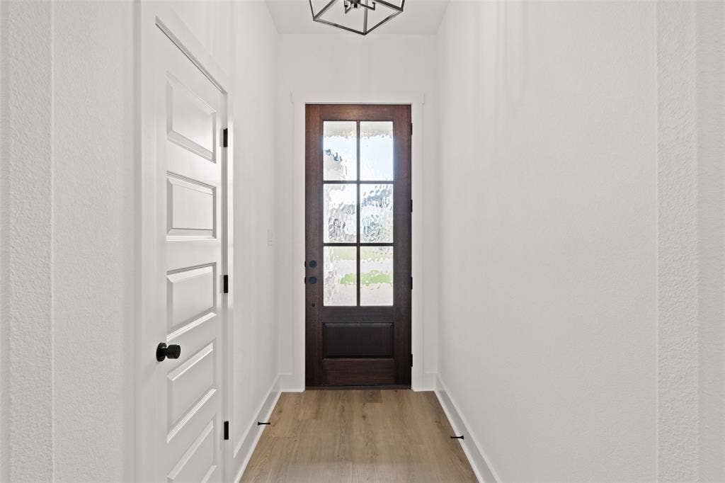 9820 Durango Trail, Waco, TX 76712 Foyer featuring a dark wood-finish entry door with multiple glass panes, light wood-finish flooring, white baseboards, and a contemporary geometric light fixture