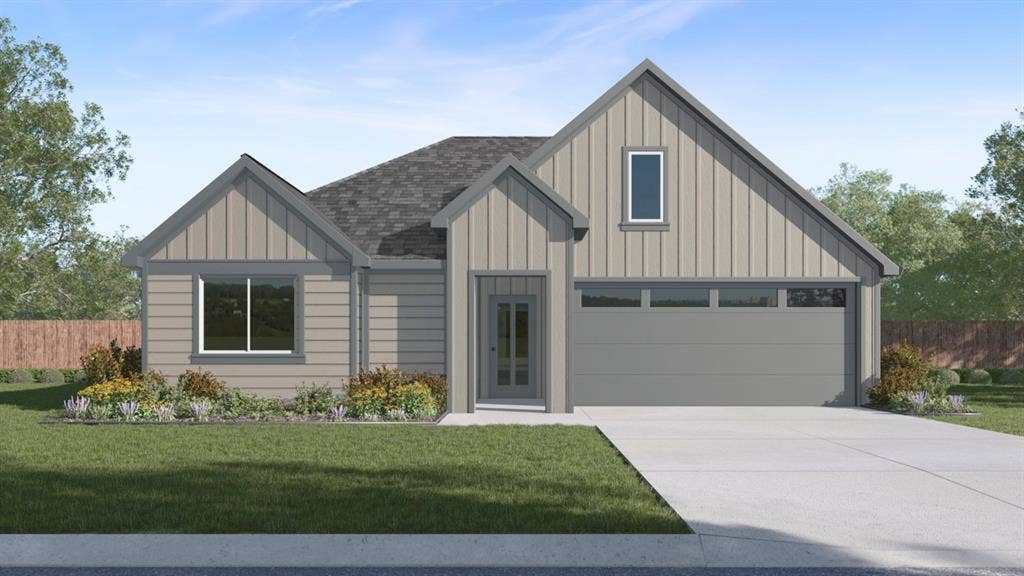 5032 Shumard Drive, Lindale, TX 75771 Contemporary ranch-style exterior with a dark gray shingle roof, light gray horizontal siding, and vertical accent siding
