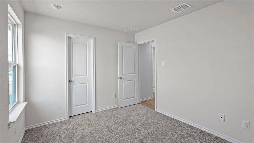 Carpeted interior room featuring light gray walls, white trim, a double-pane window, and two paneled interior doors