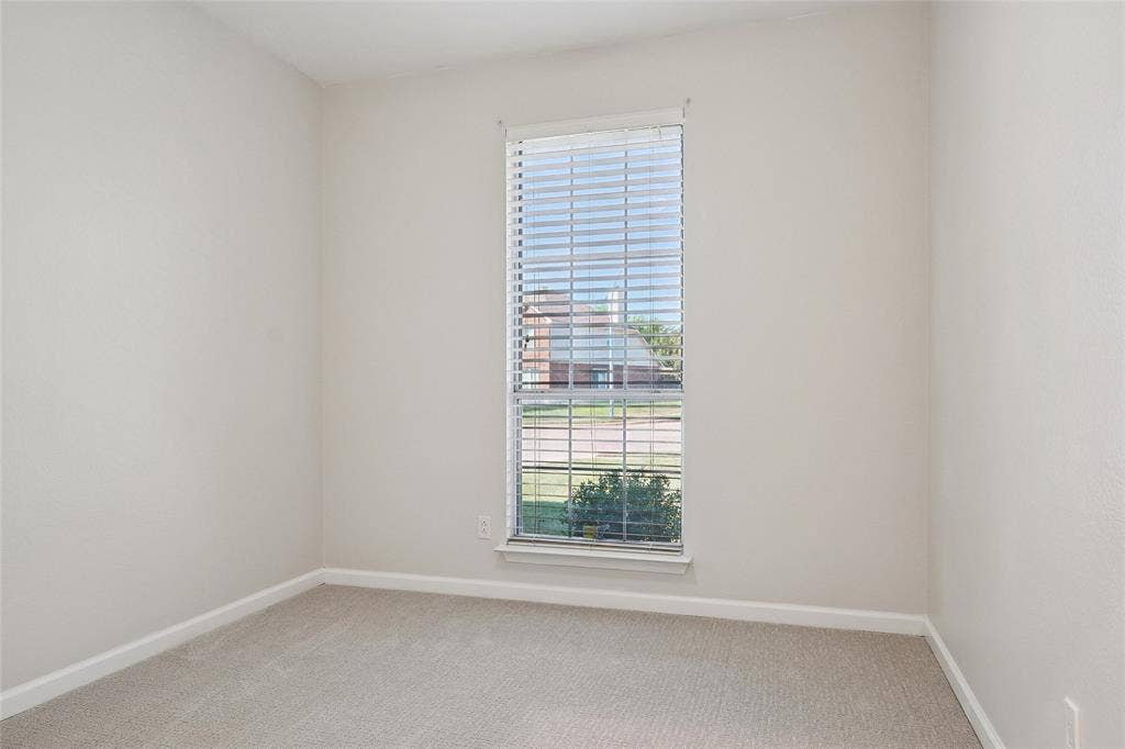 Neutral tone wall paint, carpeted flooring, and a single window with blinds