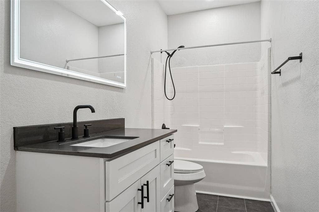 White vanity with matte black hardware, dark countertop, and undermount sink