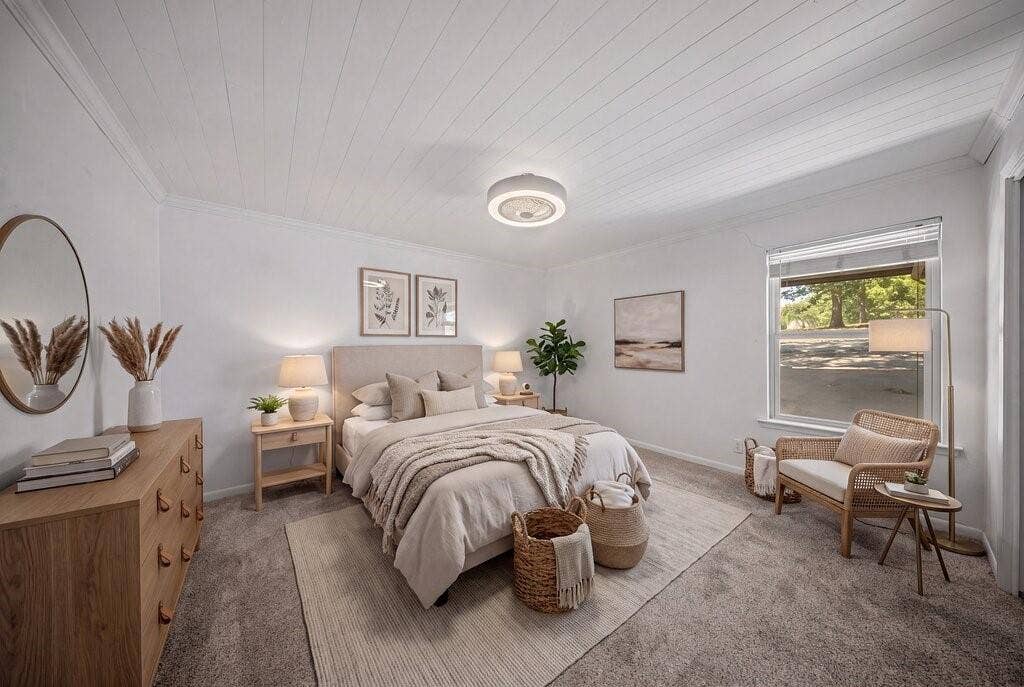 Carpeted room featuring a window with blinds, a white paneled ceiling, and crown molding