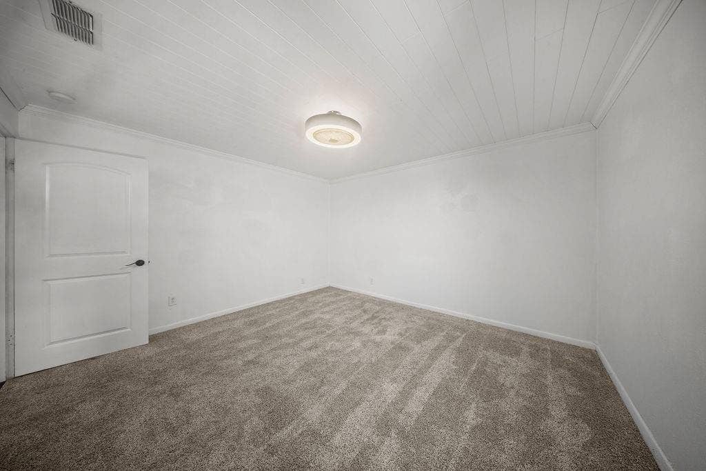 Spacious room featuring neutral carpeting, white walls, and a white beadboard ceiling