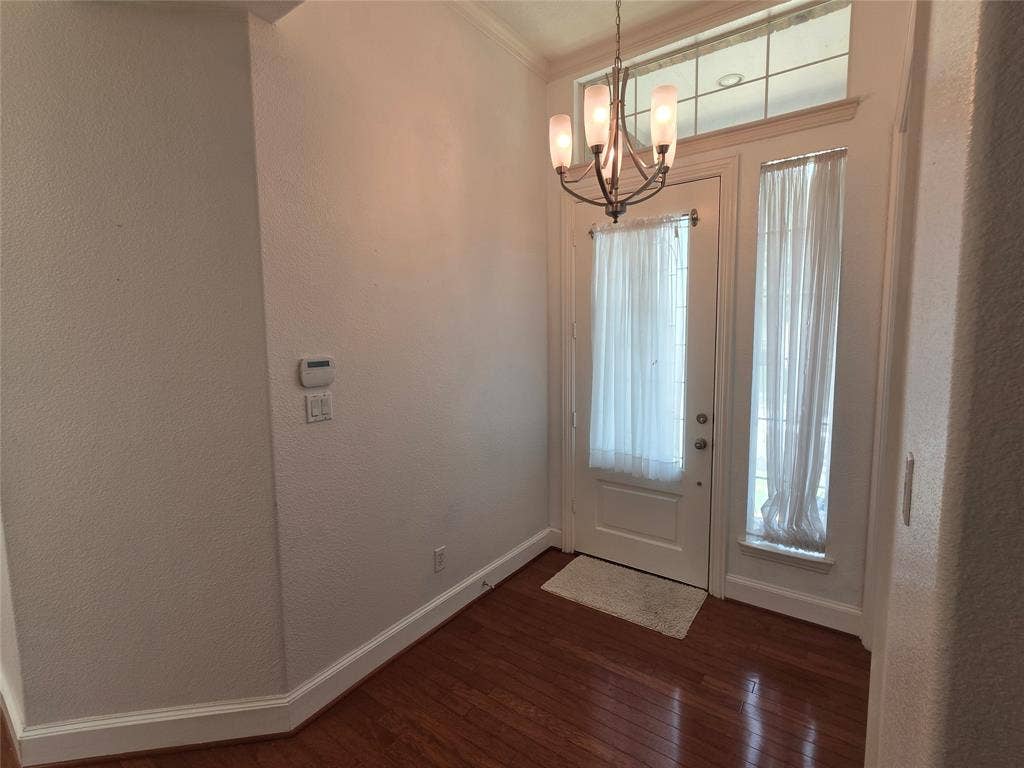 Entryway featuring wood-finish flooring, a white paneled door with an integrated window, and an adjacent full-length sidelight