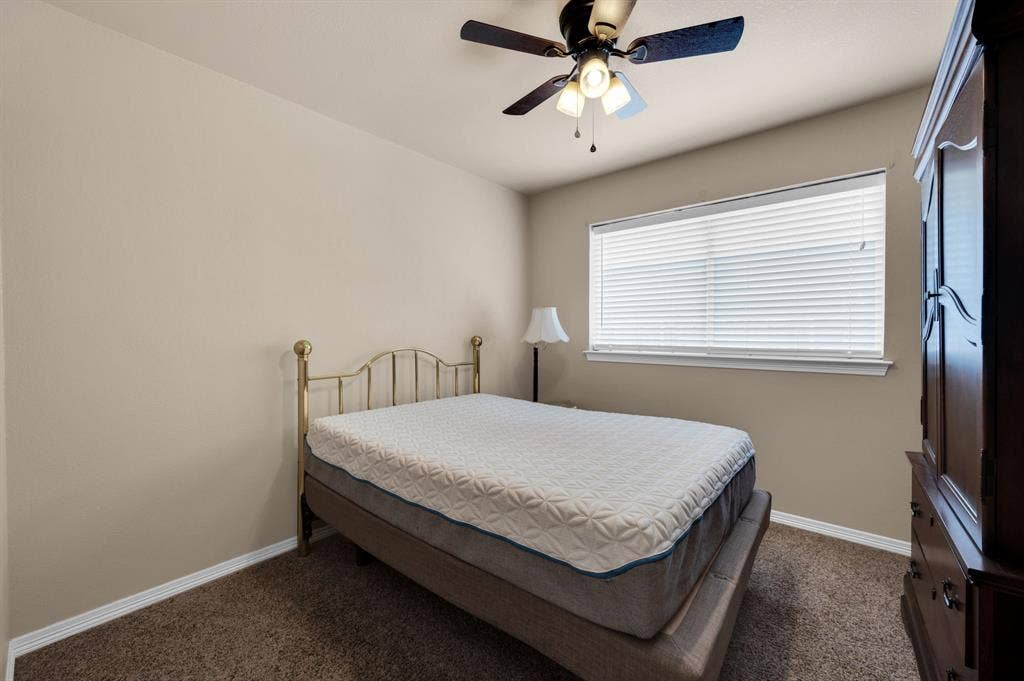 Carpeted room with a ceiling fan, window with blinds, and light-colored walls