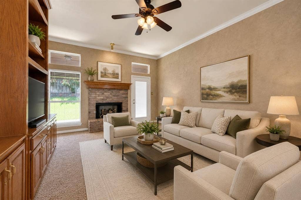 Living area featuring a brick-surround fireplace with a wood mantel, built-in wood cabinetry, and a ceiling fan with integrated lighting - Virtually Stages