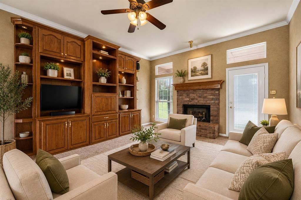 Living area featuring built-in wood cabinetry with integrated lighting, a brick fireplace with wood mantel, and plush carpet flooring-- Virtually Stages