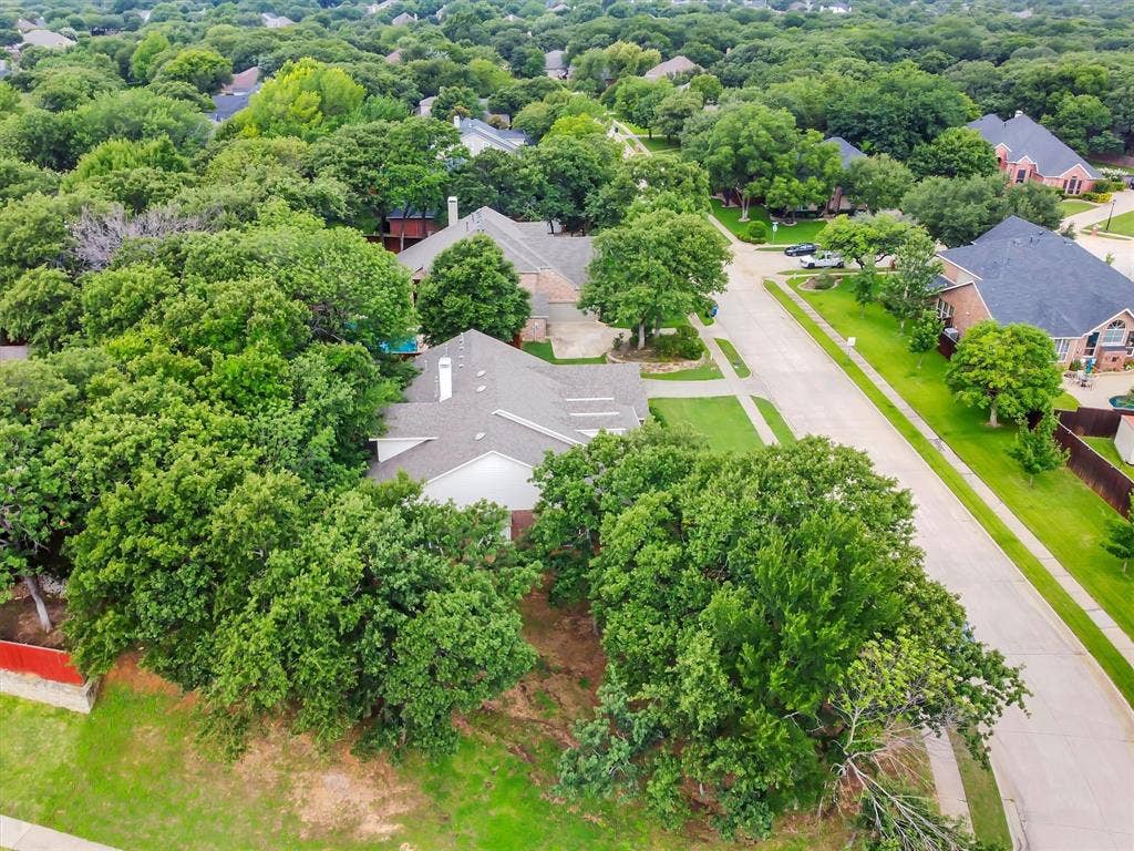 Aerial perspective showcasing a residential street lined with mature trees