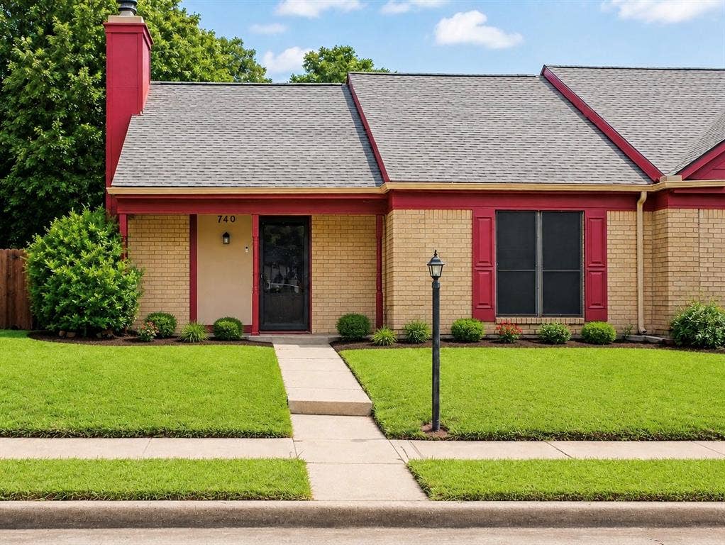 Brick facade residence featuring a front entry with a black screen door, a red-painted chimney, and a window with red shutters