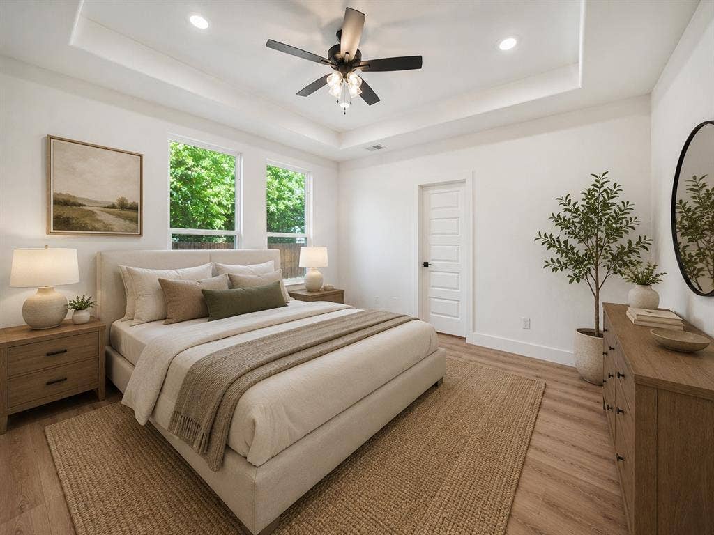 113 Dennis Drive, Azle, TX 76020 Spacious bedroom with a tray ceiling, recessed lighting, and a ceiling fan