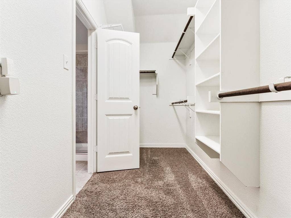 Walk-in closet featuring white built-in shelving, wood-finish hanging rods, and brown carpet flooring