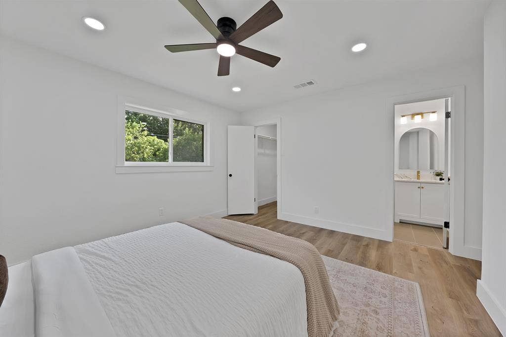 132 Yorkshire Drive, Cedar Hill, TX 75104 Bedroom featuring recessed lighting, a ceiling fan, and wood-finish flooring