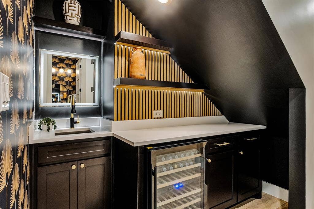 14120 Park Way, Log Cabin, TX 75148 Wet Bar includes wine fridge, designer wall coverings concealed and open storage