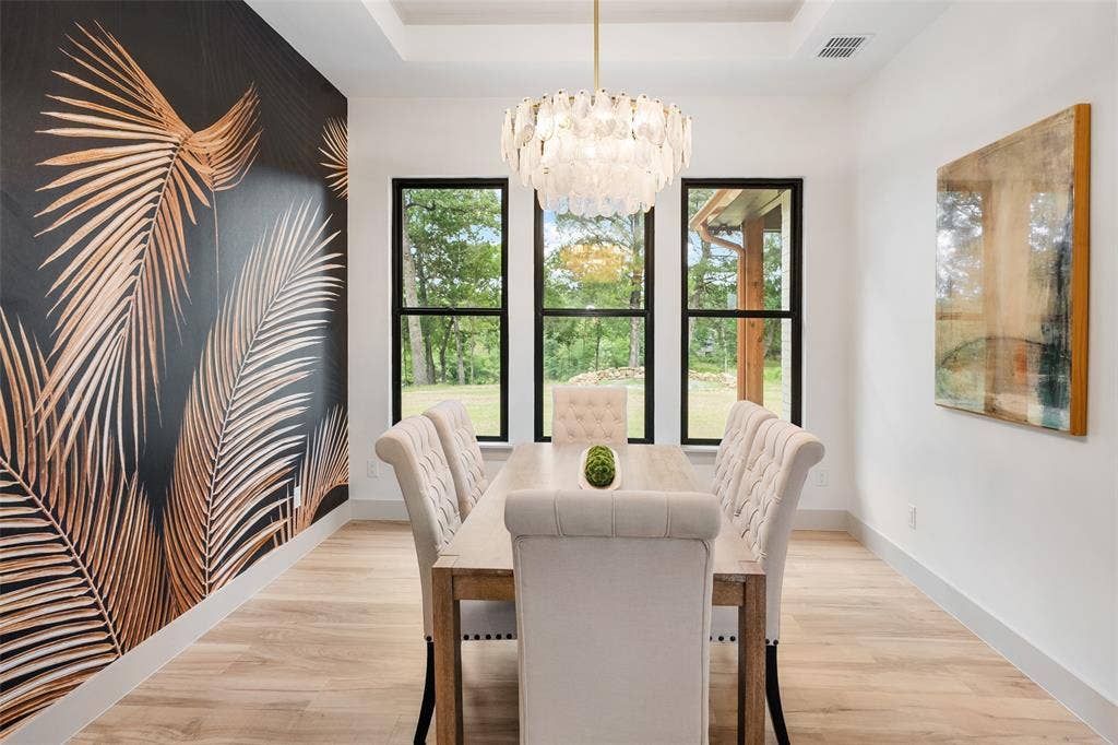 14120 Park Way, Log Cabin, TX 75148 Dining room with designer wall coverings, chandelier and water views