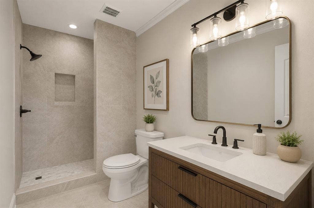 1700 Rock Ridge Road, Lucas, TX 75002 Rendering of cosmetic renovation. Shower will stay the same, but all tile/vanity/mirror will be replaced.