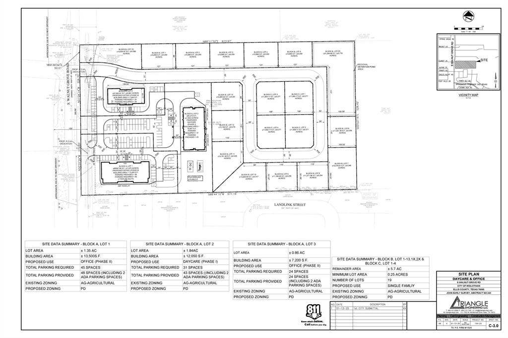 Proposed site plan with Montessori in the lower left and possible lots for the remaining 9.54 acres.