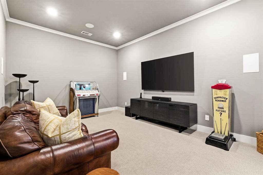 404 Travelers Terrace, Argyle, TX 76226 The media room walls were insulated with construction. There is a 7.1 sound system. The non-mounted center speaker, subwoofer & the amplifier / receiver will convey with the property. The TV & mount are excluded from the sale.