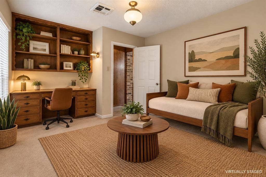 Built-in wood shelving and desk unit, wall-mounted light fixture, recessed ceiling light, and ceiling-mounted light fixture