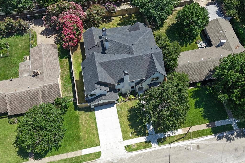 3304 Townsend Drive, Dallas, TX 75229 Aerial overview, 10,120 SF lot, concrete drive, mature tree canopy