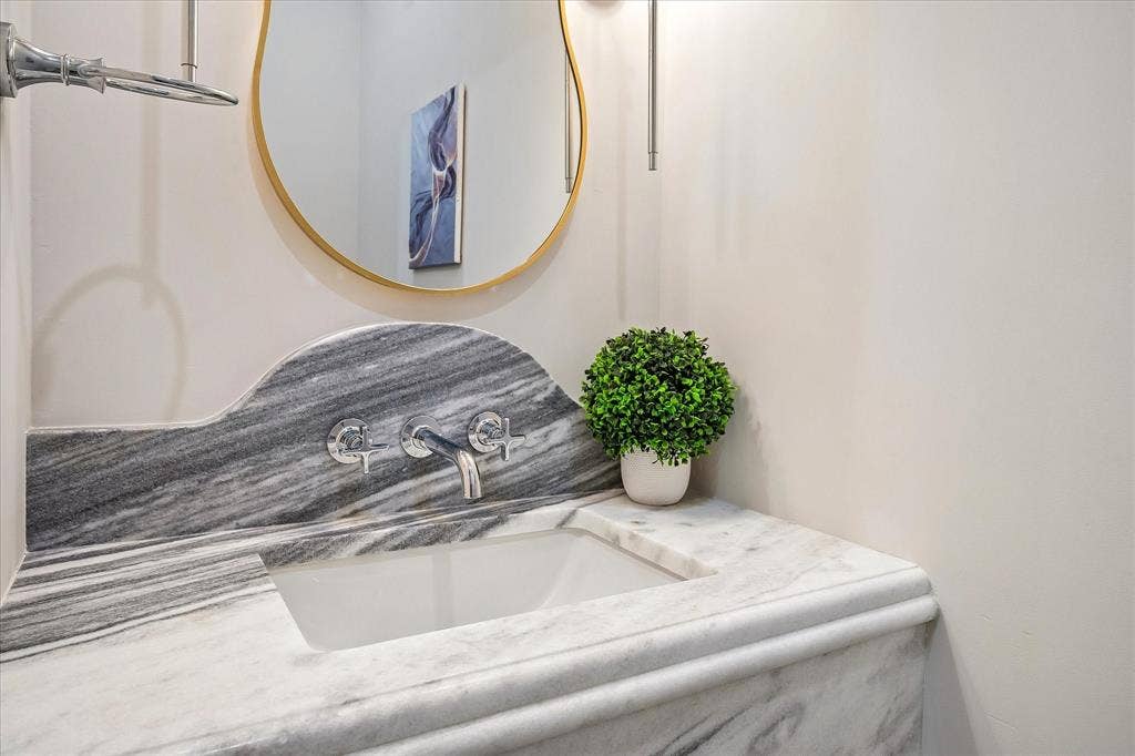 3304 Townsend Drive, Dallas, TX 75229 Powder, Shadow Storm honed stone countertop, wall-mount faucet, designer mirror
