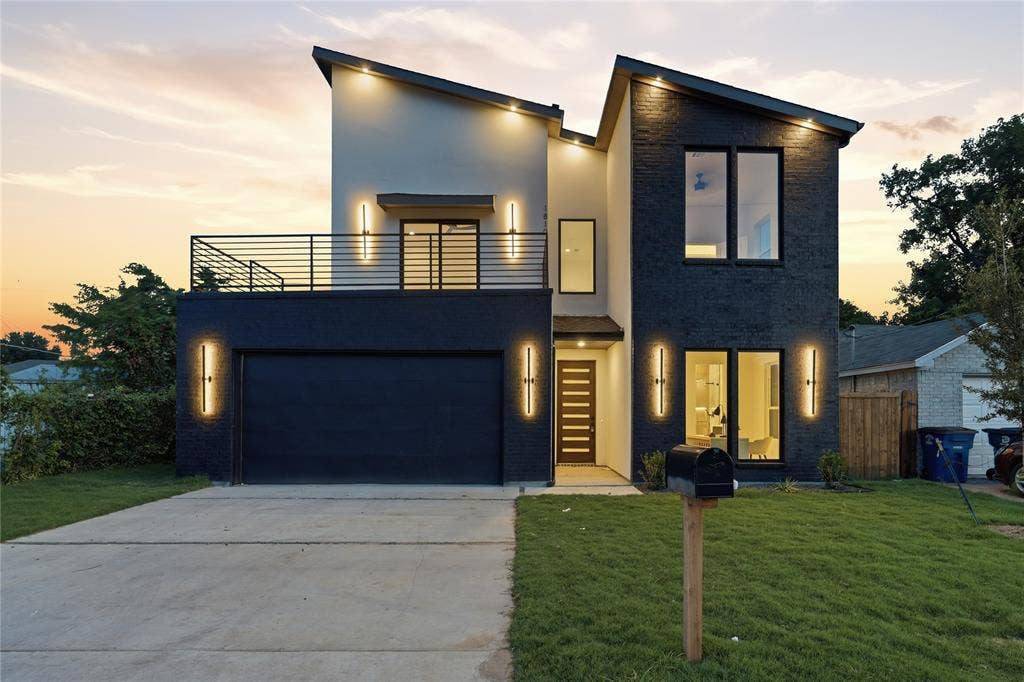 Contemporary two-story exterior with a striking contrasting facade