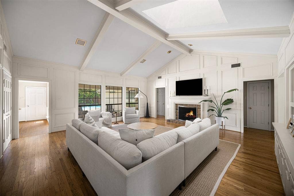 6501 Copper Creek Drive, Dallas, TX 75248 Vaulted ceiling with exposed beams and recessed lighting