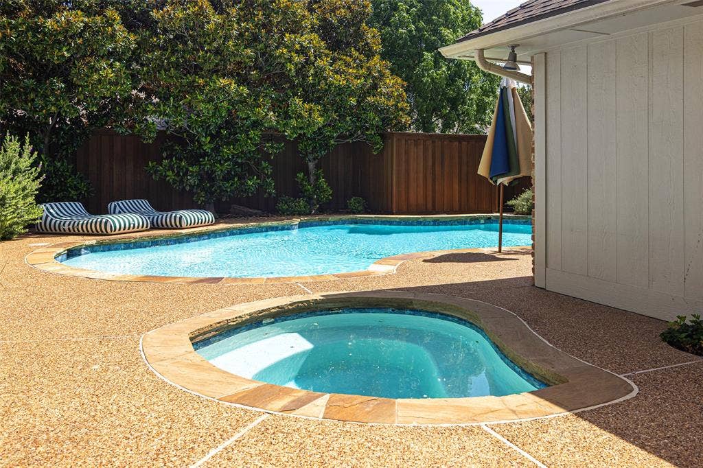 6501 Copper Creek Drive, Dallas, TX 75248 Backyard oasis featuring an in-ground swimming pool and integrated spa