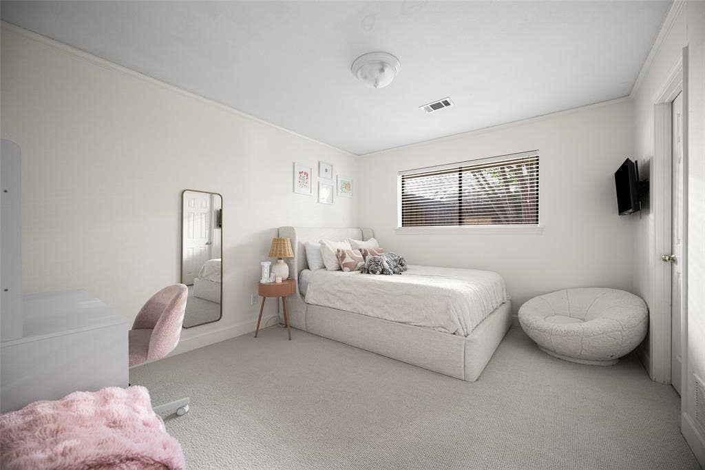 6501 Copper Creek Drive, Dallas, TX 75248 Light-filled bedroom featuring plush carpeting, a large window with blinds, and white wall finishes
