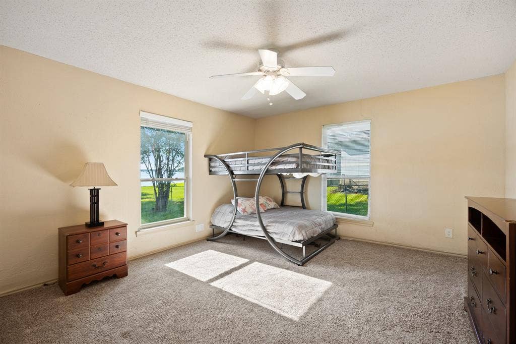 Carpeted room featuring dual windows, a ceiling fan with integrated lighting, and neutral-toned walls