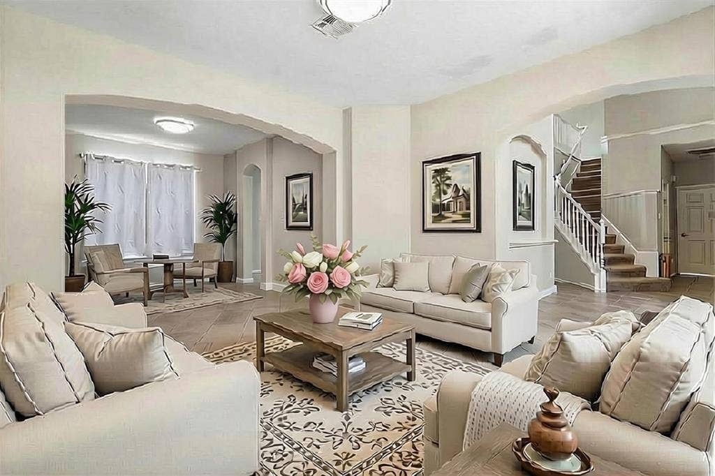 1013 Larkspur Drive, Allen, TX 75002 Open-concept living space featuring light-toned walls, arched doorways, and wood-finish flooring