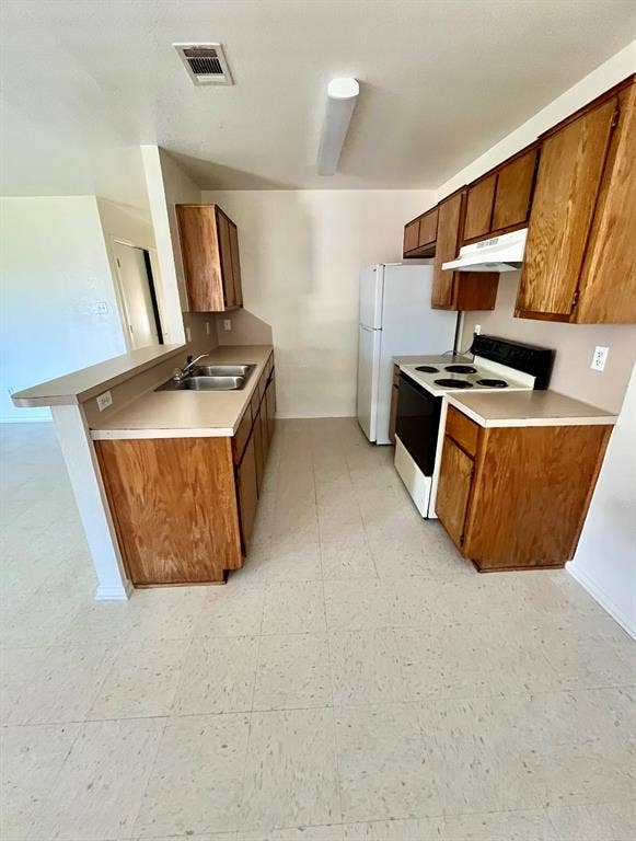 506 W Green Avenue, Killeen, TX 76541 Kitchen featuring white electric range oven, brown cabinetry, a peninsula, light countertops, and light floors