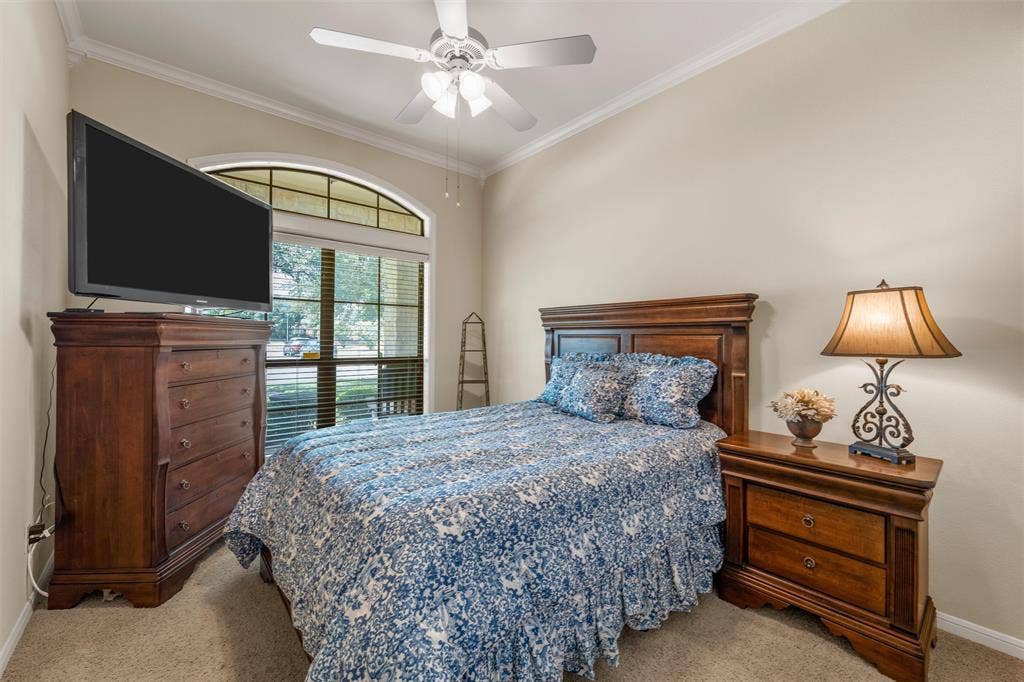Arched window with blinds, ceiling fan, and crown molding