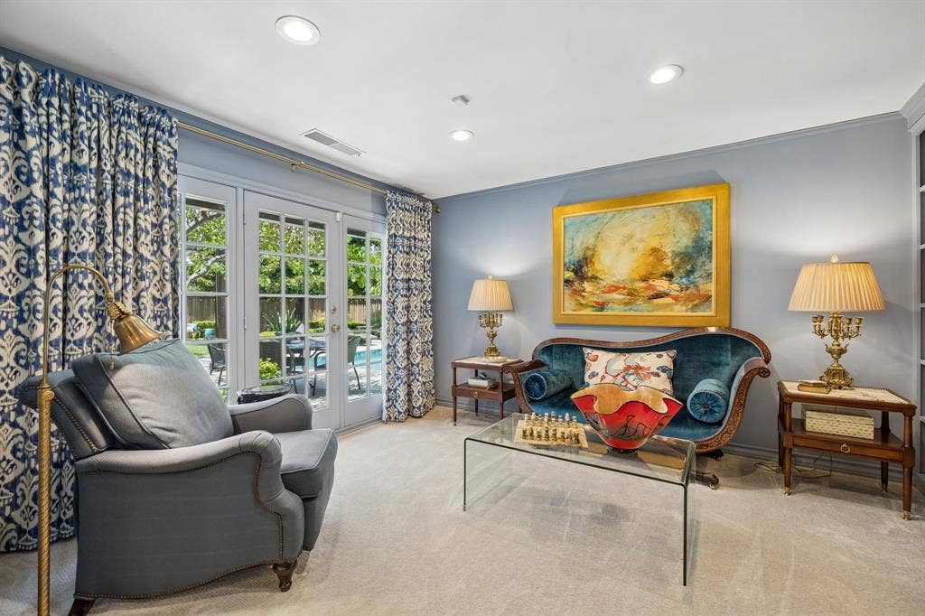 6829 Midcrest Drive, Dallas, TX 75254 Sitting Room off the Primary Bedroom could be used as home office. French doors to Patio and Pool.
