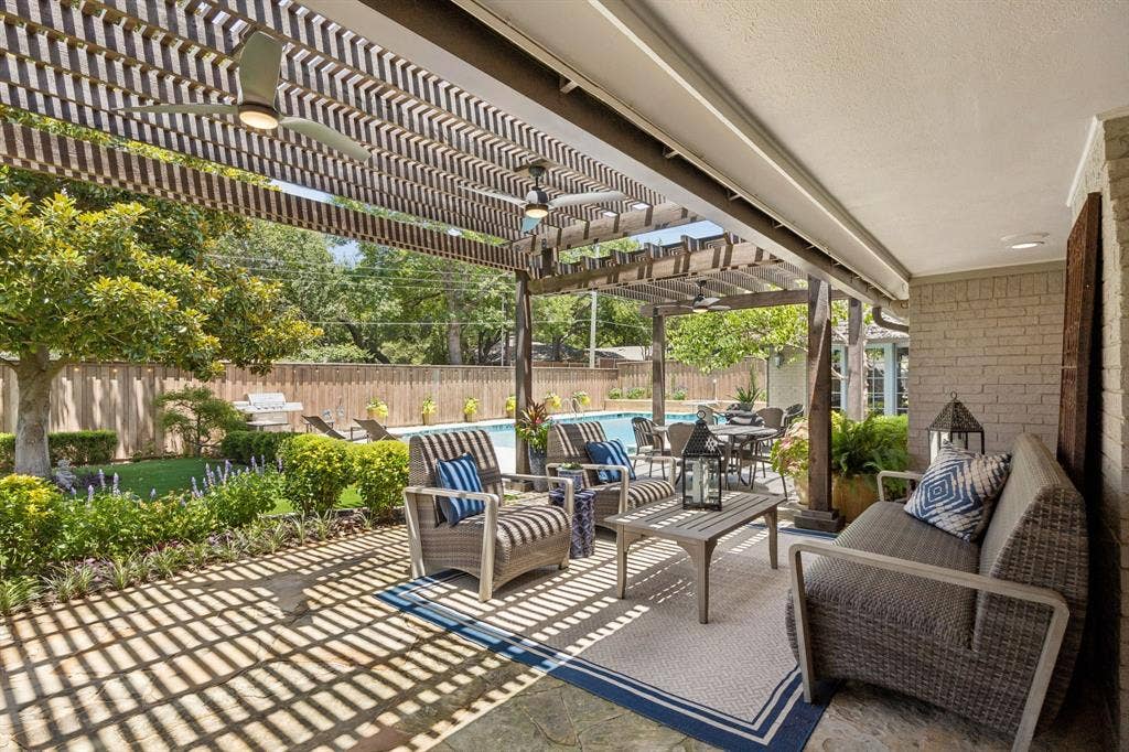 6829 Midcrest Drive, Dallas, TX 75254 Multiple Covered Patio areas for Entertaining or Relaxing with 3 ceiling fans.