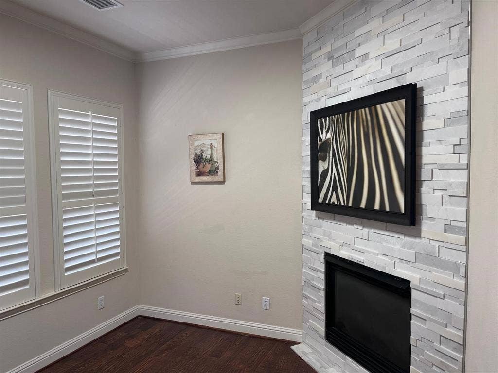 5717 PANTHEON Court, Plano, TX 75024 Corner fireplace featuring a stacked stone surround and black firebox