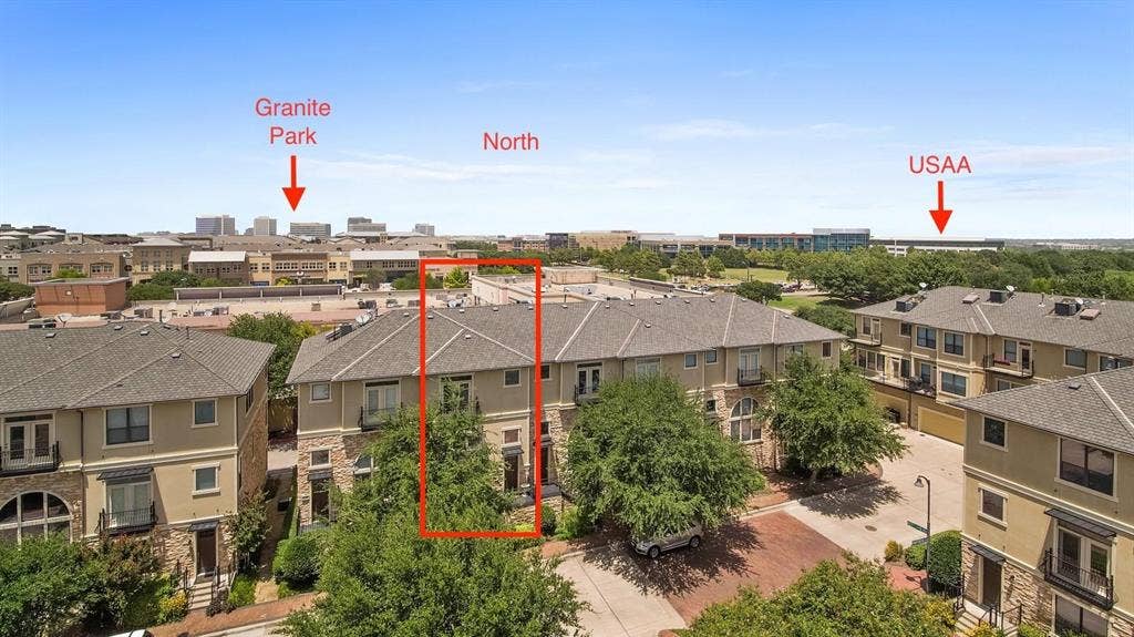 5717 PANTHEON Court, Plano, TX 75024 Multi-story townhome featuring a neutral stucco and stone facade, a gabled roofline, and mature landscaping
