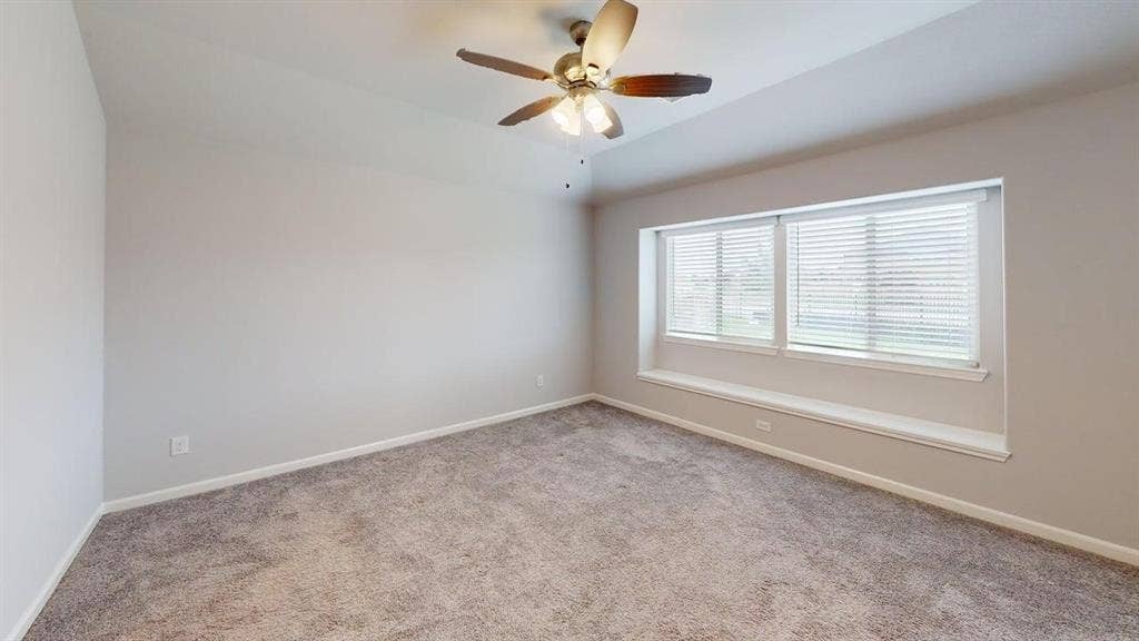 Spacious interior room featuring a tray ceiling with a ceiling fan, plush carpet flooring, and a wide window with blinds