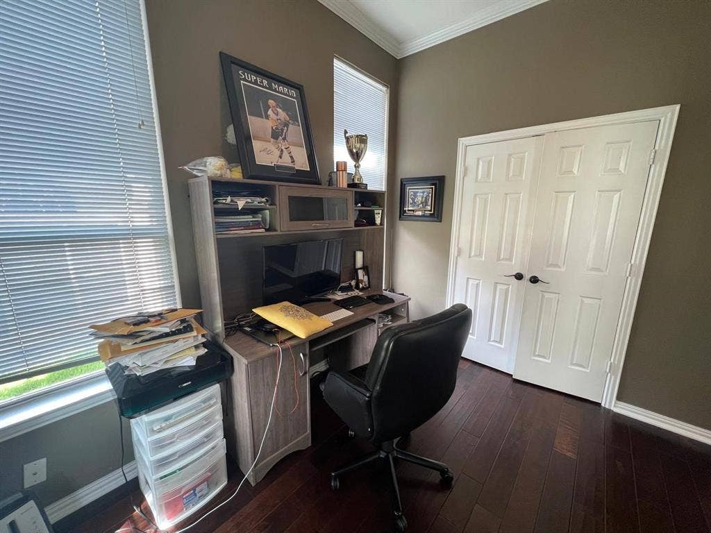 Room featuring dark wood-finish flooring, two large windows with blinds, crown molding, and a pair of white six-panel doors