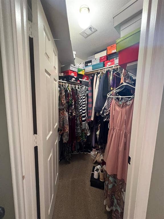 Walk-in closet featuring carpet flooring, built-in shelving, and recessed lighting