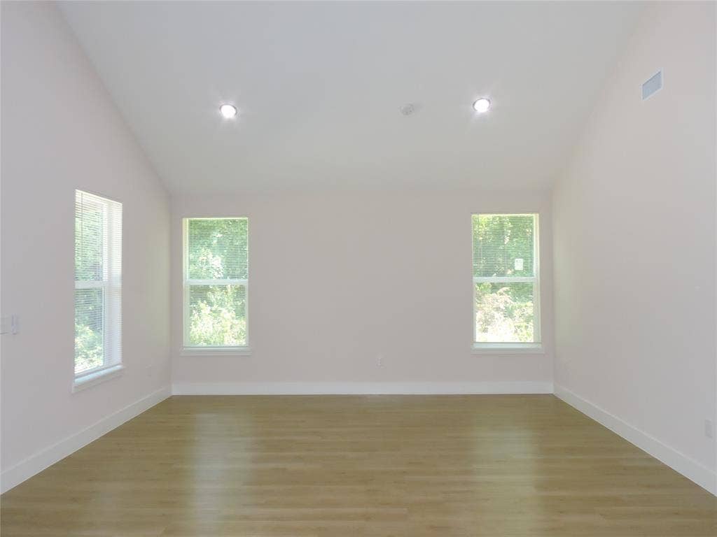 163 Lake Creek Drive, Mabank, TX 75156 Vaulted ceiling room featuring light wood-finish flooring, recessed lighting, and two double-hung windows