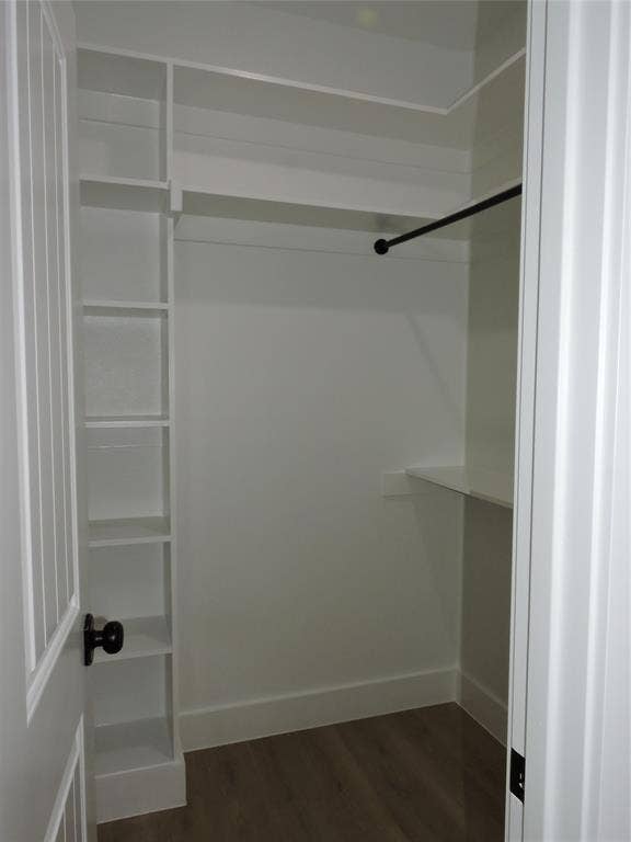 163 Lake Creek Drive, Mabank, TX 75156 Closet with integrated shelving units, a matte black hanging rod, and wood-finish flooring
