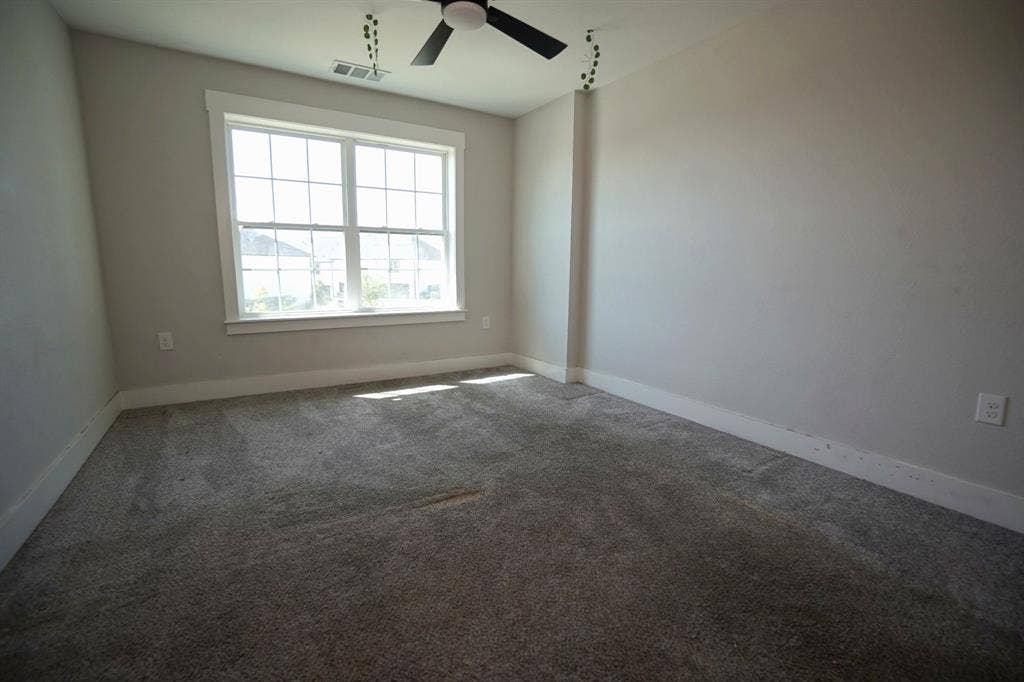 1764 Palladio Loop, Princeton, TX 75407 Carpeted room featuring a large window with white trim, a ceiling fan, and painted walls