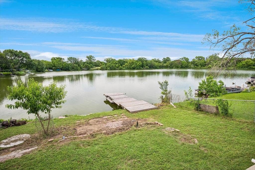 View of lake and dock.